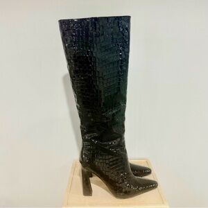 Forever 21 Women’s Black Croc Knee High Boots Block Heel Pointed Toe Sz 8